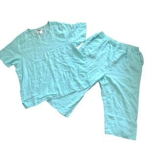 FLAX Large Aqua Blue Linen 2 Piece Set Top Pants Coastal Lagenlook Beach Summer